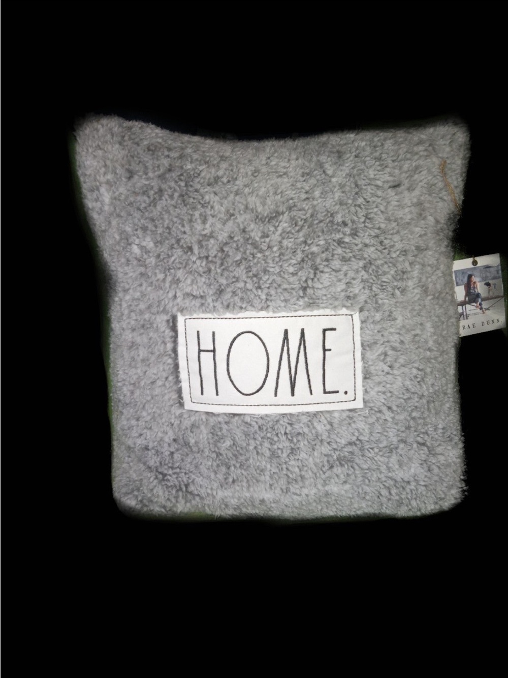 Rae Dunn Gray Fuzzy Pillow with "HOME." Patch
